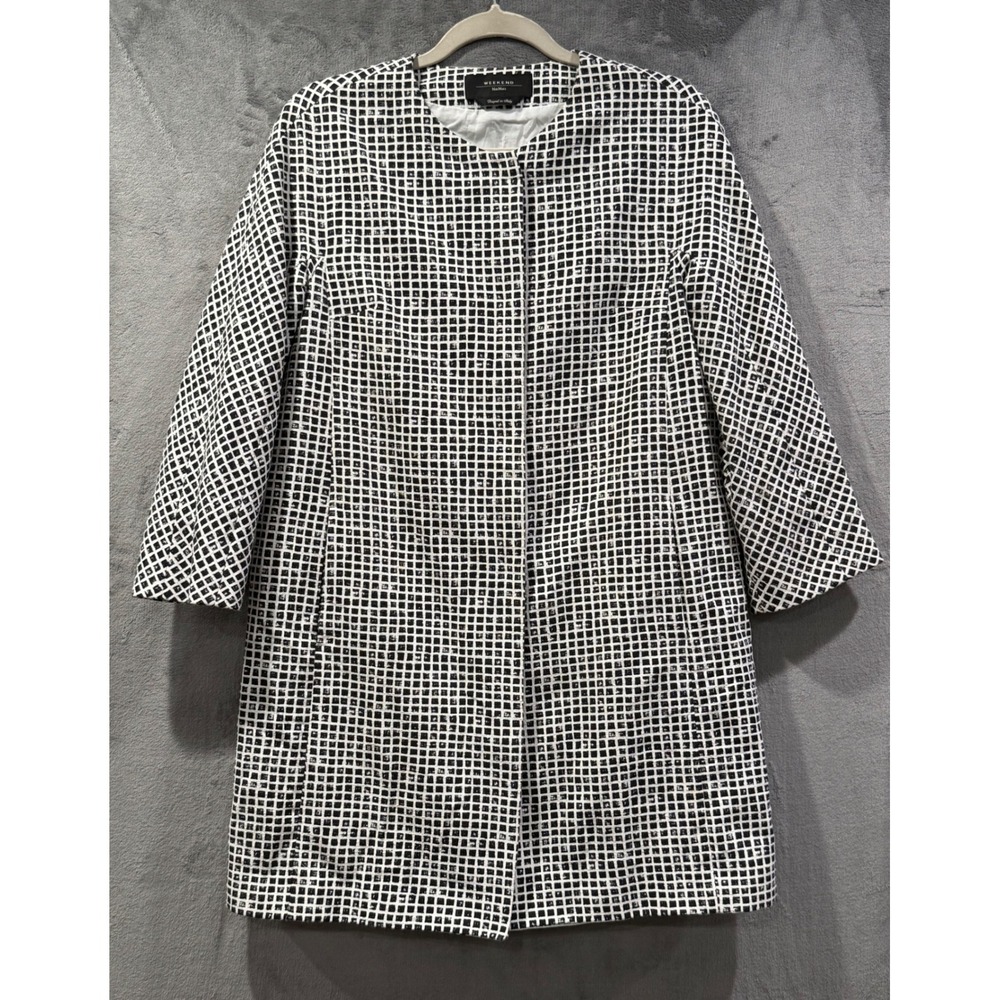 Weekend Max Mara Cotton Grid Print Coat Black White Snap Front Size 8 Italy